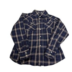 Ely Cattleman Boys Navy Blue‎ Plaid Western Pearl Snap Shirt Size 7 Long Sleeve